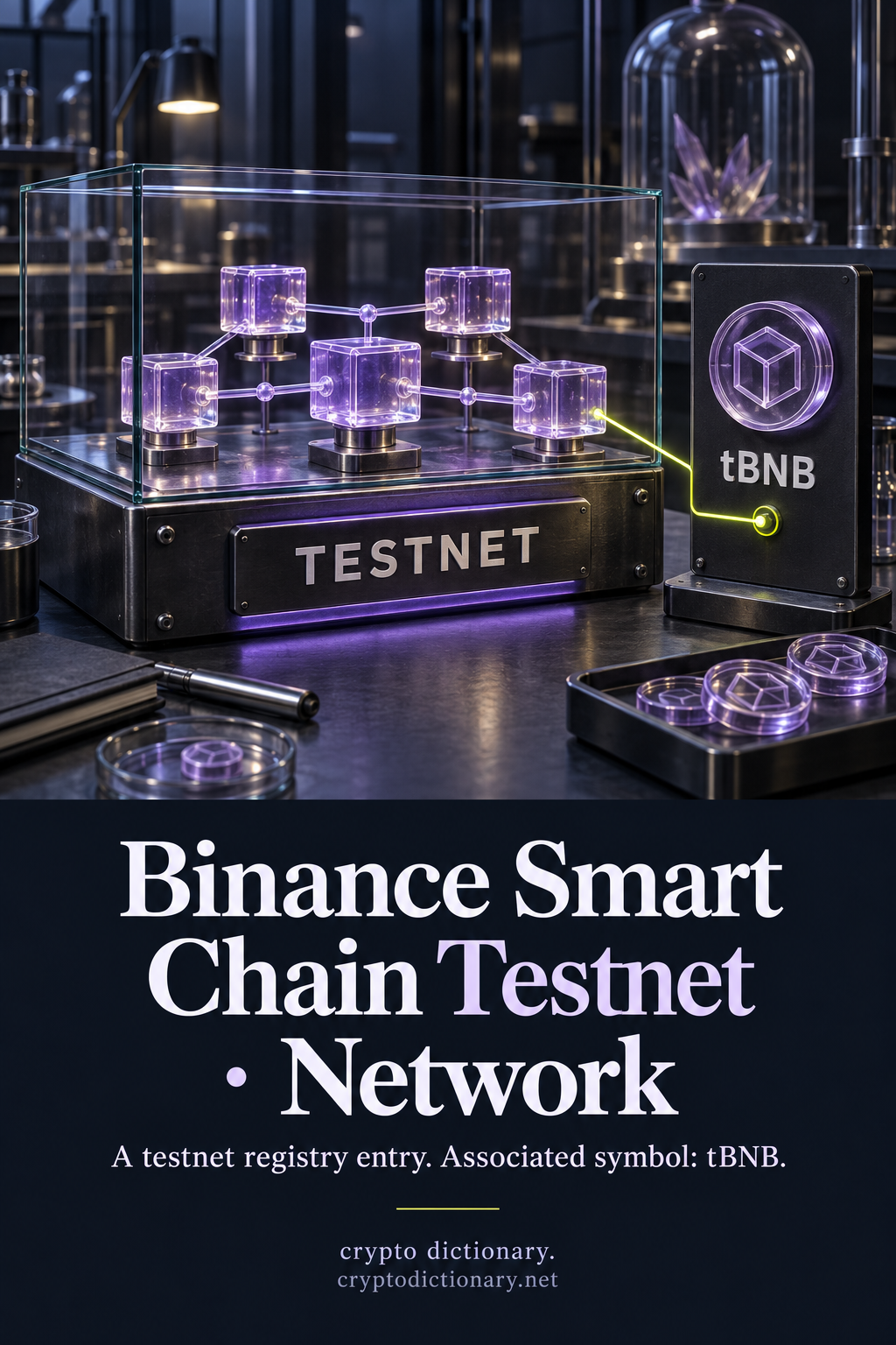 A contained TESTNET laboratory network model and distinct tBNB associated-symbol card with hollow generic test markers.