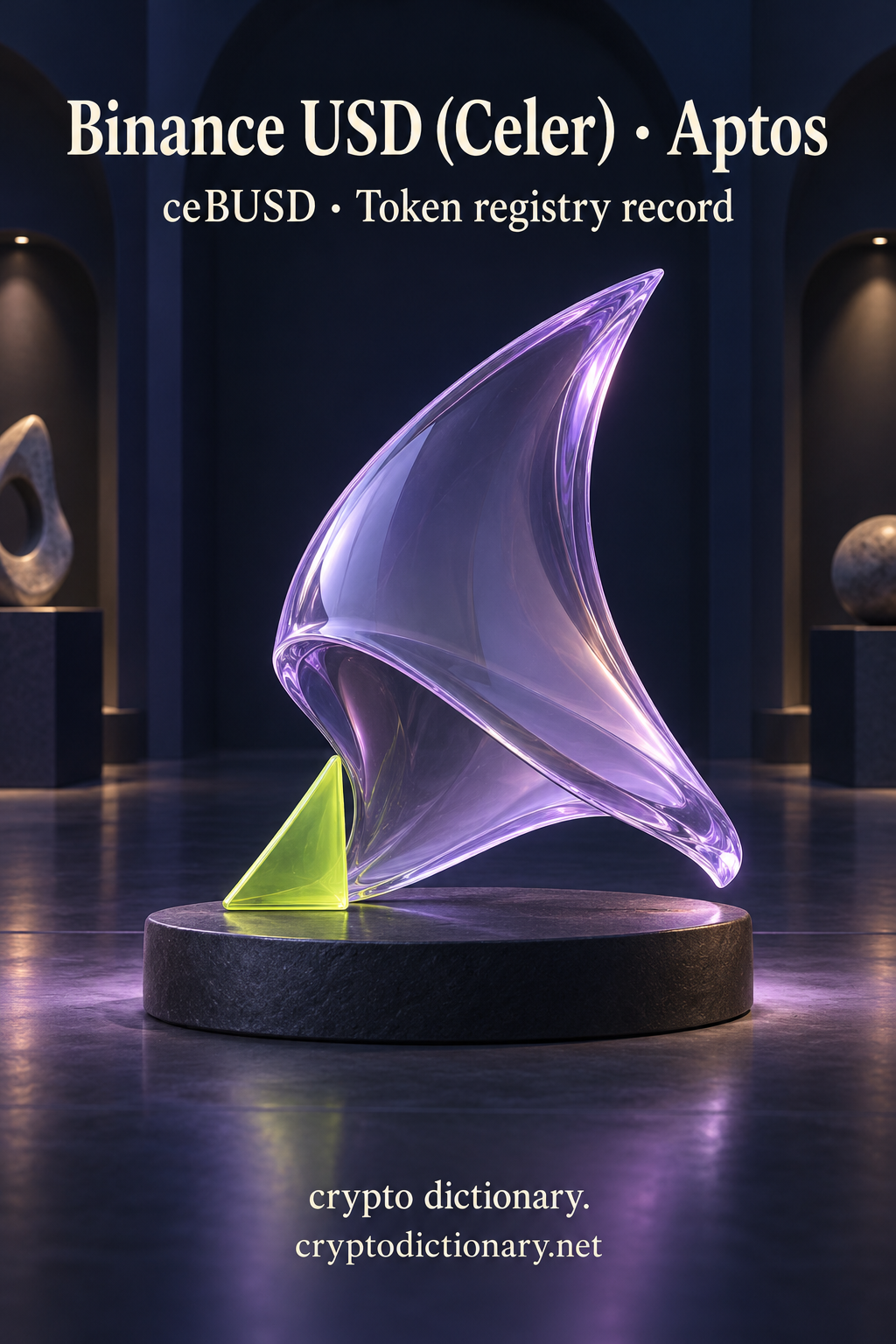 A curved lilac glass sail over a dark oval pedestal for Binance USD (Celer) on Aptos.