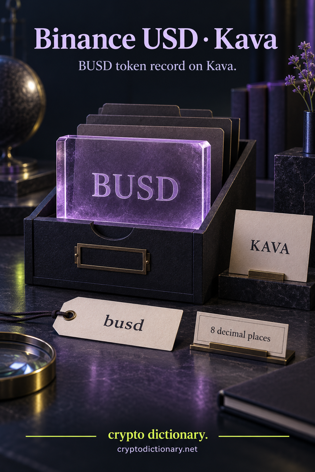 A BUSD registry plaque in an archival drawer with Kava identity, full lowercase busd address and eight-decimal precision.