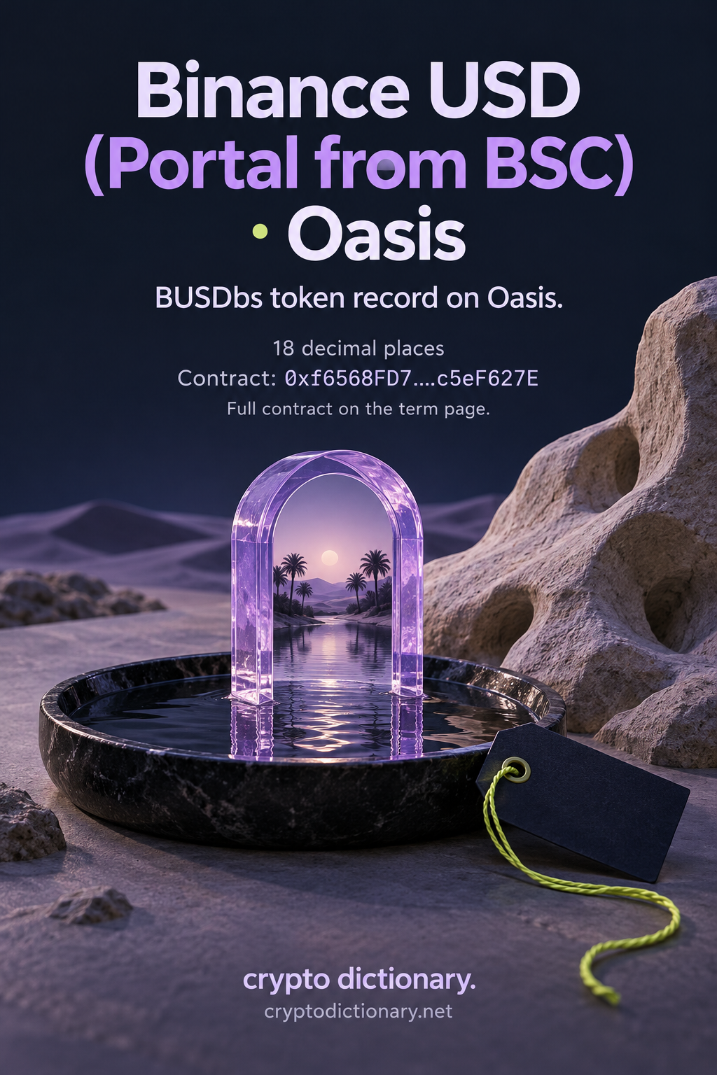 A lilac doorway above a reflective specimen basin identifies the BUSDbs token record on Oasis with its public contract.