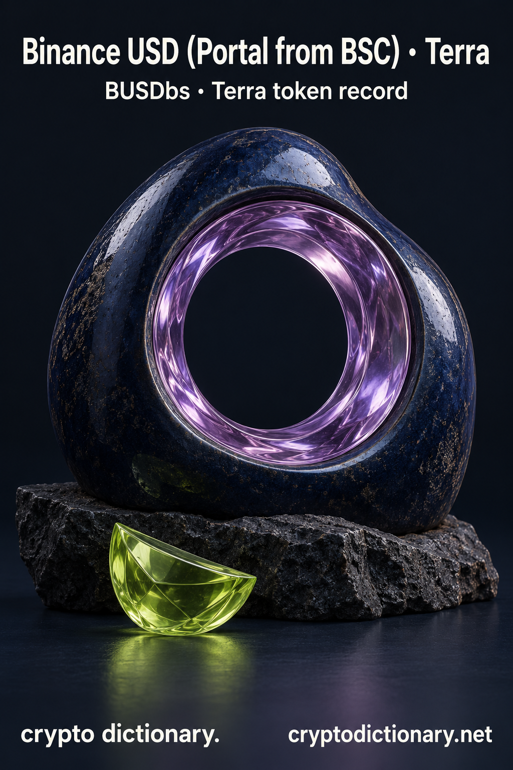 Binance USD (Portal from BSC) · Terra — original lilac glass name-inspired sculpture with accurate BUSDbs token record caption.