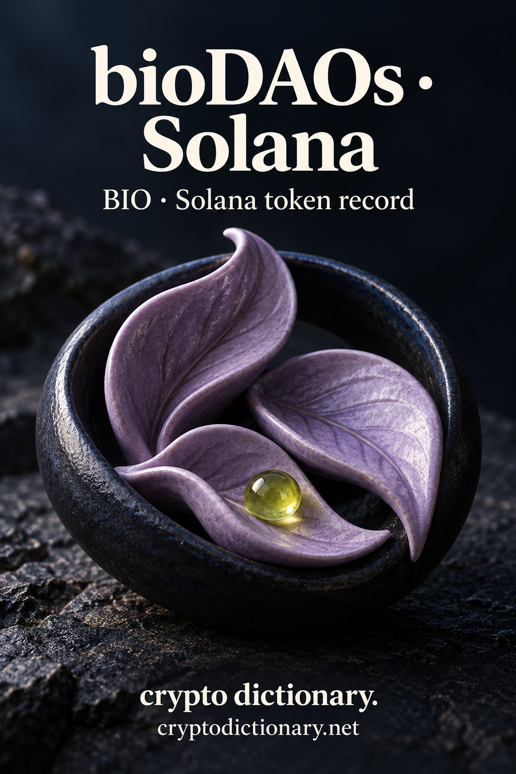 Three lilac ceramic leaves curve inside an open navy ceramic ring around a lime dew bead; bioDAOs · Solana registry artwork.