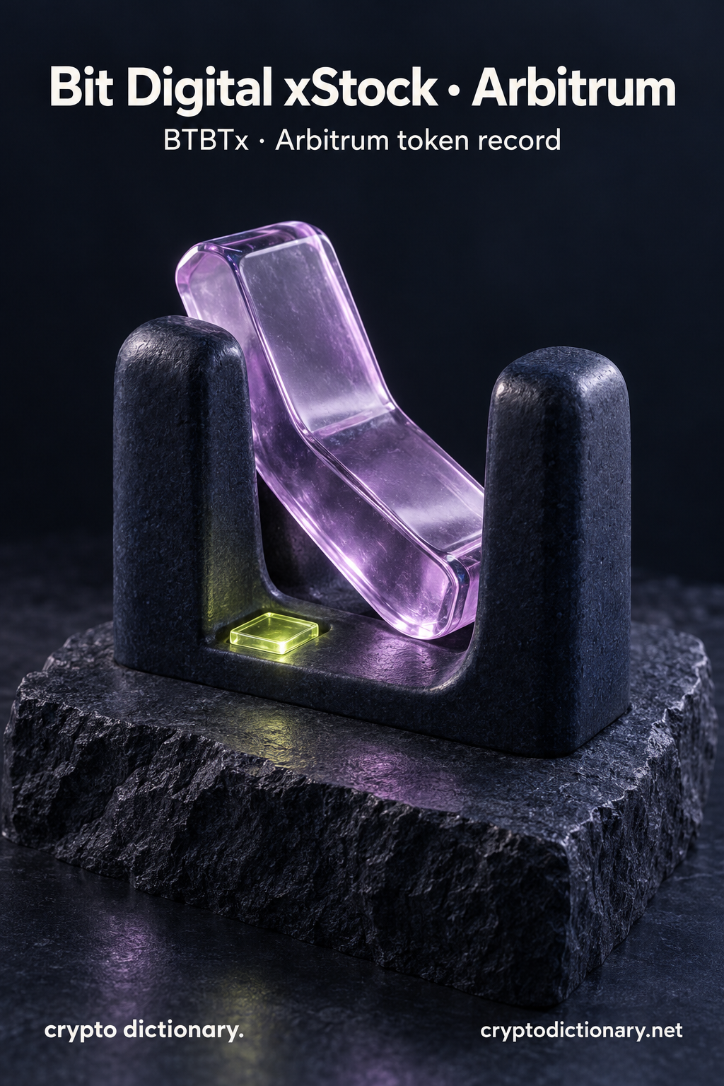 Bit Digital xStock · Arbitrum — original lilac glass name-inspired sculpture with accurate BTBTx token record caption.