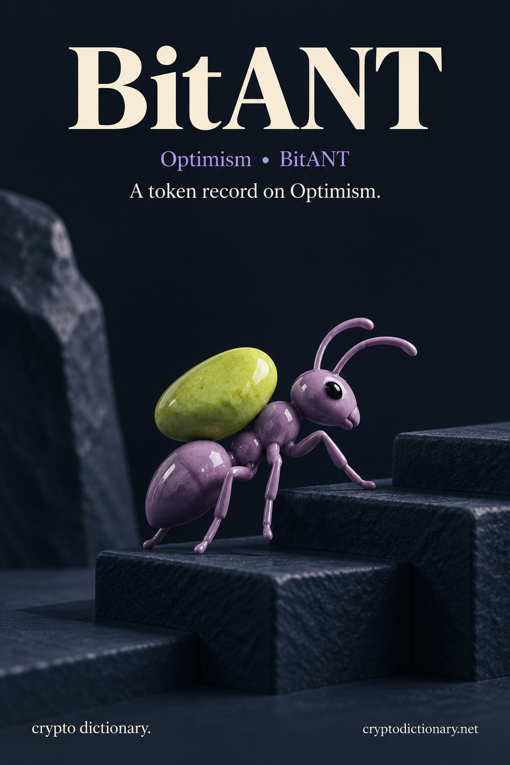 A lilac ceramic ant carries a lime pebble over a navy stepped pathway, beside the BitANT Optimism registry identity.