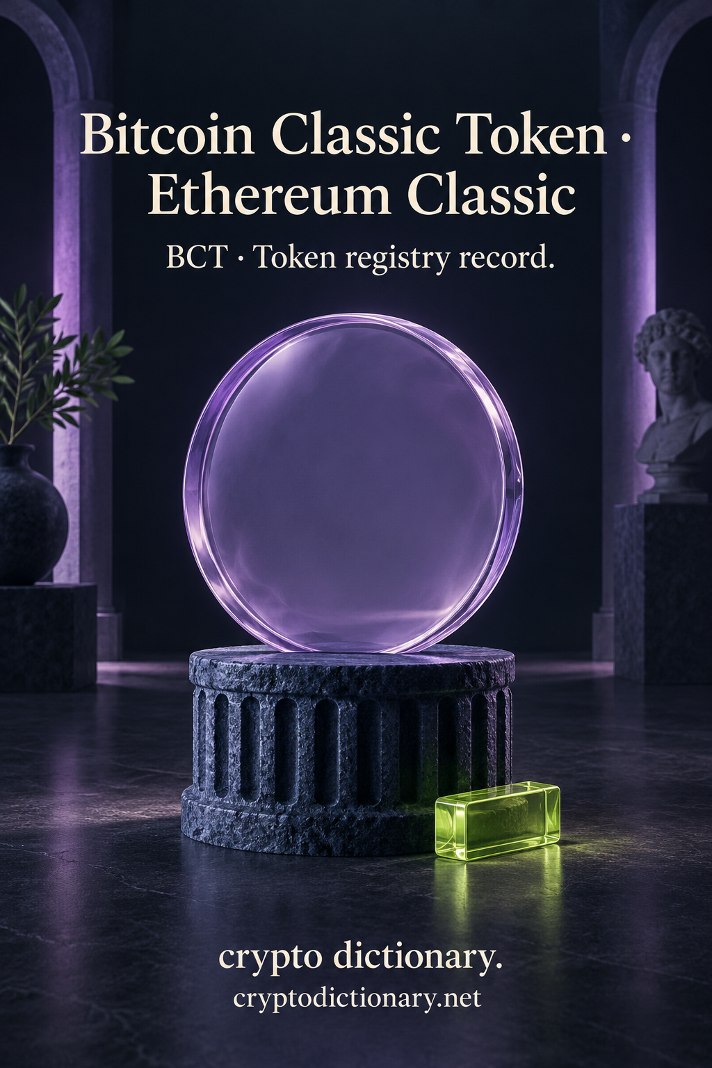 Bitcoin Classic Token on Ethereum Classic illustrated by an original blank lilac glass disk on a fluted dark stone pedestal beside a lime tile, with neutral BCT registry caption.