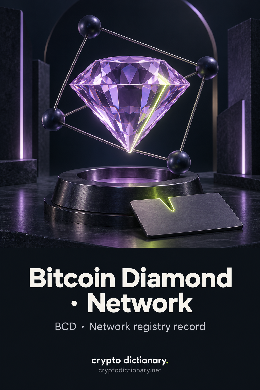A complete faceted lilac-glass gem within a quiet four-node network frame floats over a blank notched registry card and dark archival cradle.