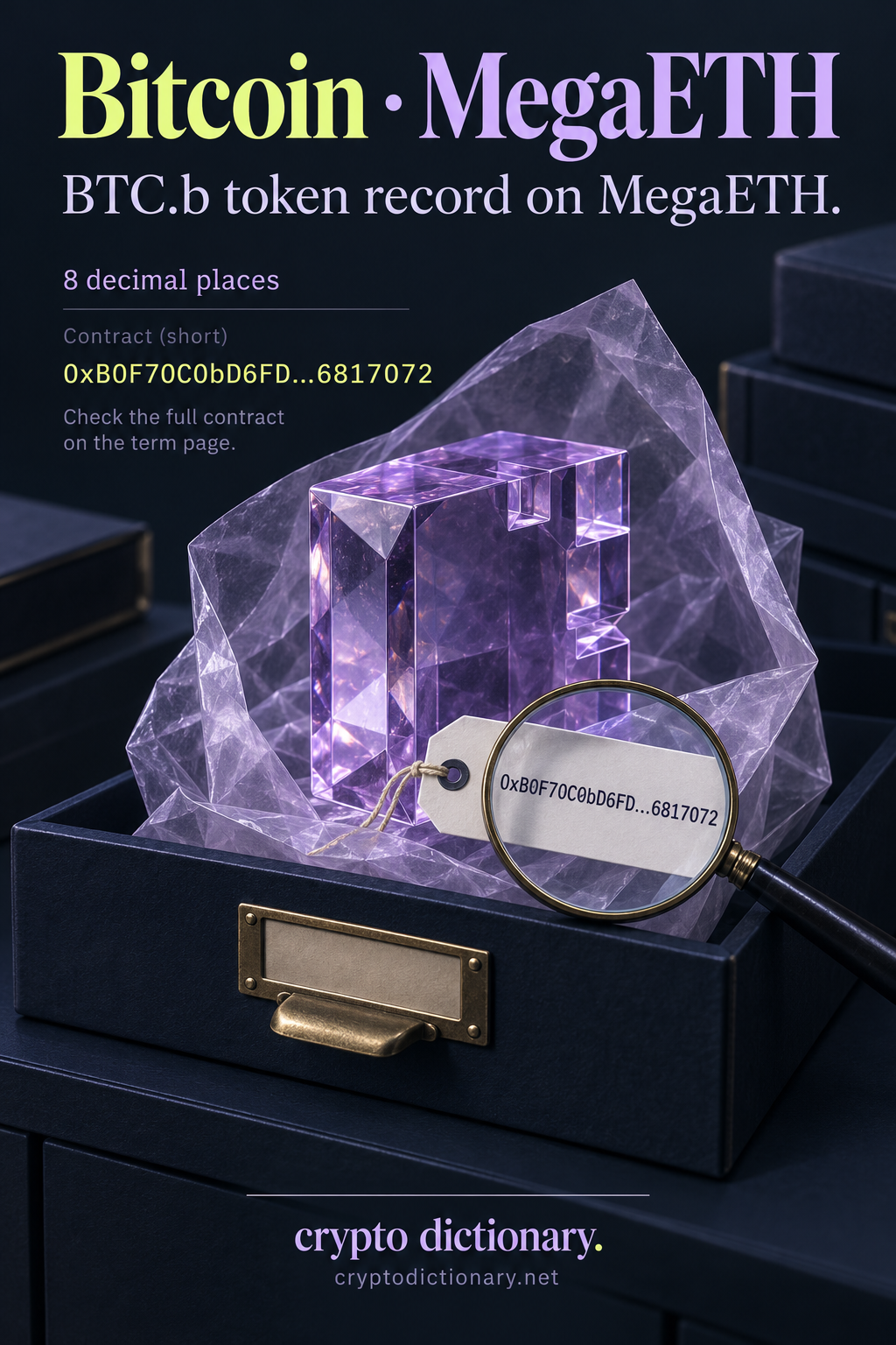 A lilac glass bit-shaped specimen in a translucent sleeve illustrates the Bitcoin BTC.b token record on MegaETH with its shortened public contract identity.