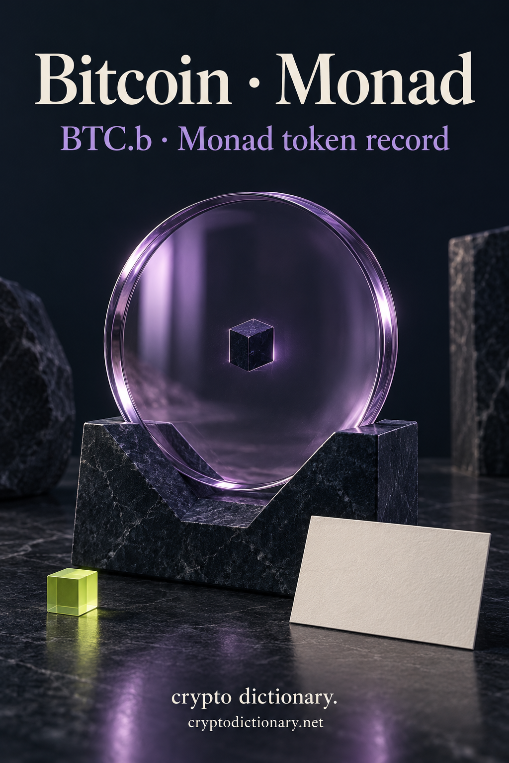Bitcoin · Monad above a plain lilac glass circular disc holding a navy cube in a dark stone cradle, lime cube and blank card; BTC.b · Monad token record and Crypto Dictionary footer.