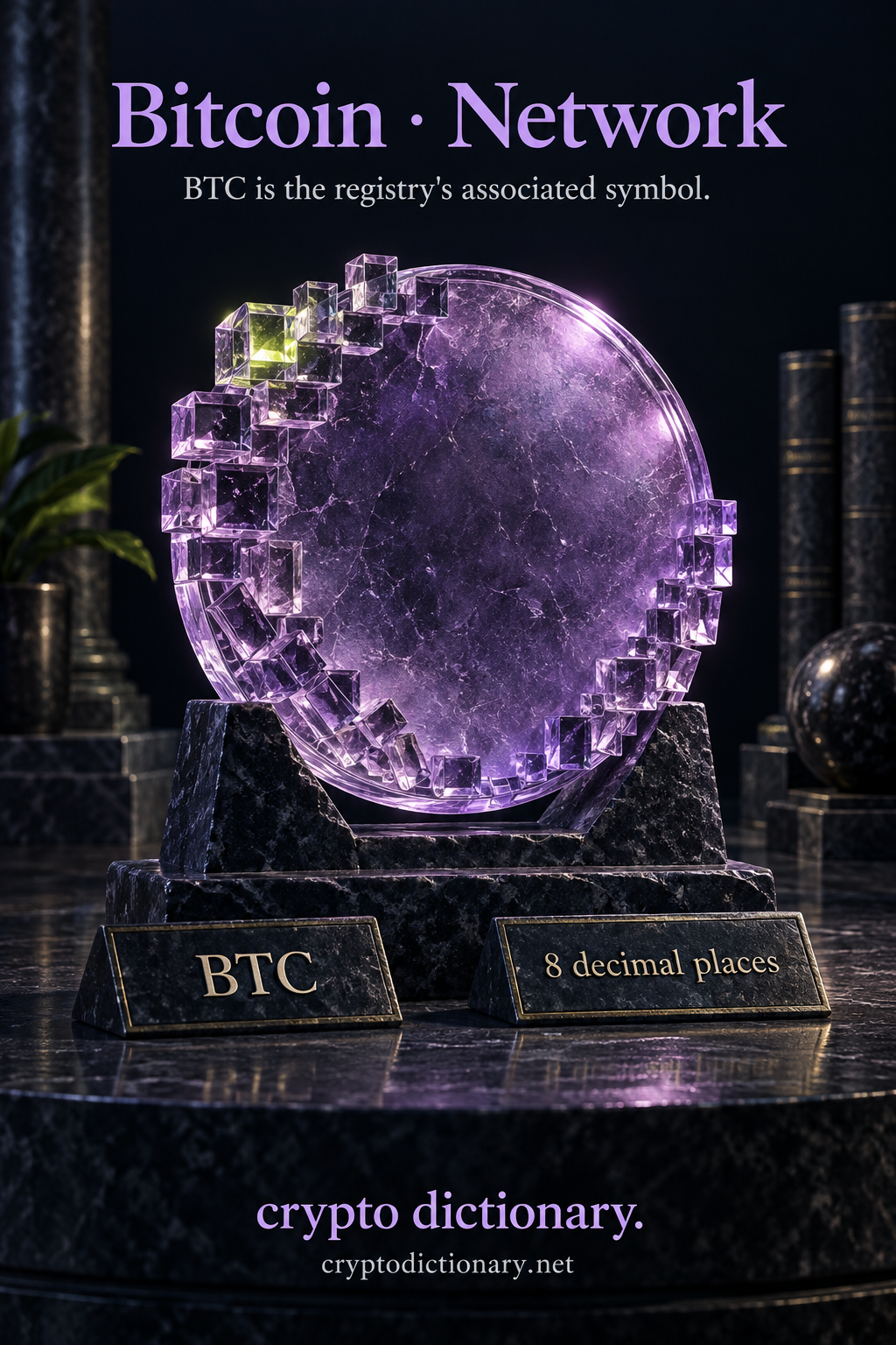 Original anonymous lilac glass coin-like disk edged with glass bit cubes, identifying Bitcoin network with registry-associated BTC and eight-decimal precision.