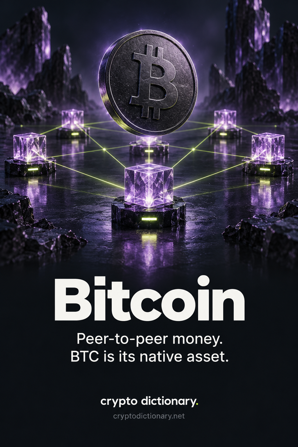 A sculptural Bitcoin coin floats above interconnected equal-status lilac crystalline peers, with the title Bitcoin and the explanation Peer-to-peer money. BTC is its native asset.
