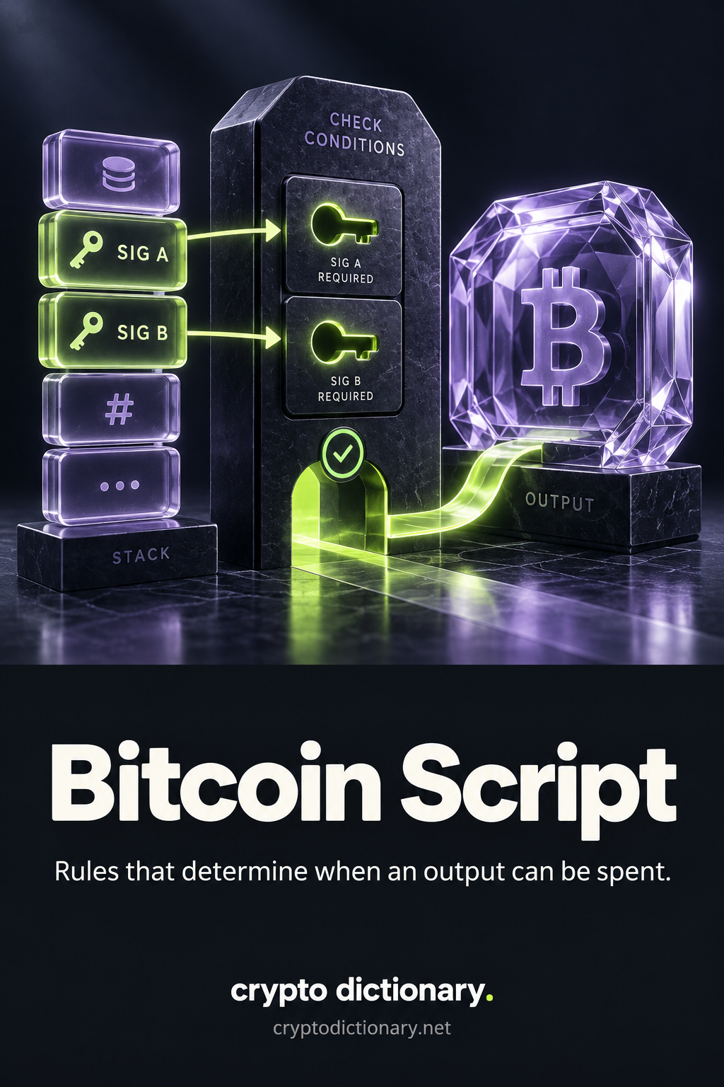 A stack of condition tiles supplies two required signature markers to a gateway controlling a Bitcoin output.