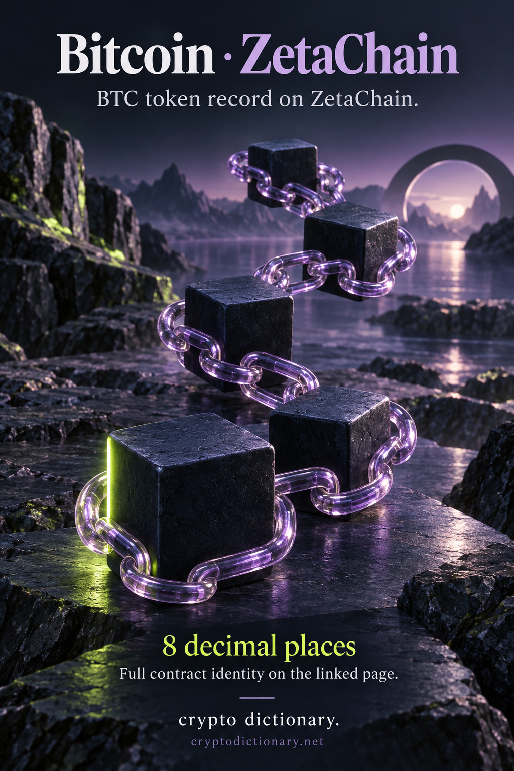 Lilac chain around plain navy blocks illustrating this Bitcoin token record on ZetaChain, BTC with eight decimal places.