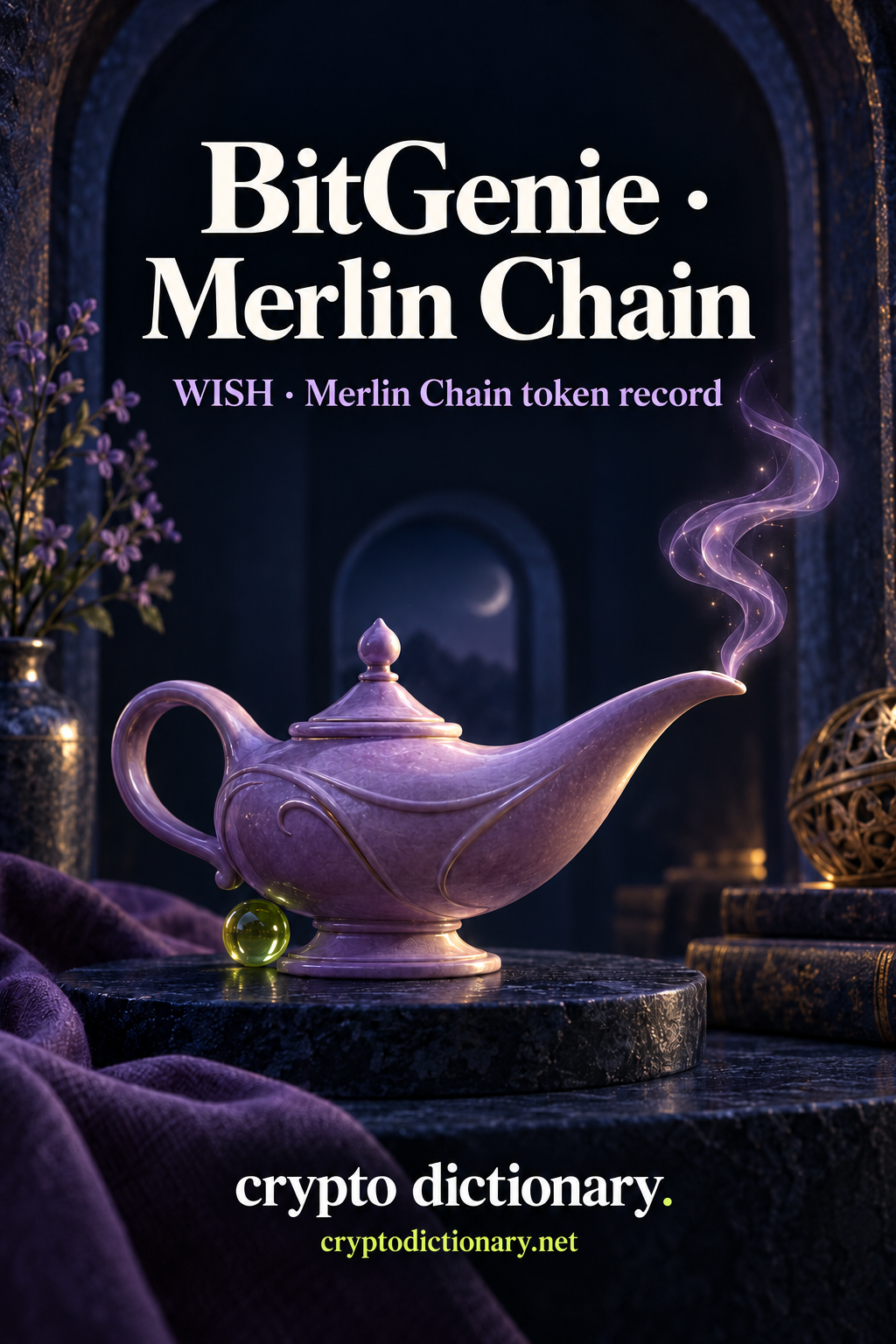 An original lilac ceramic oil lamp with glass smoke curl and lime bead in a navy alcove; BitGenie · Merlin Chain registry artwork.
