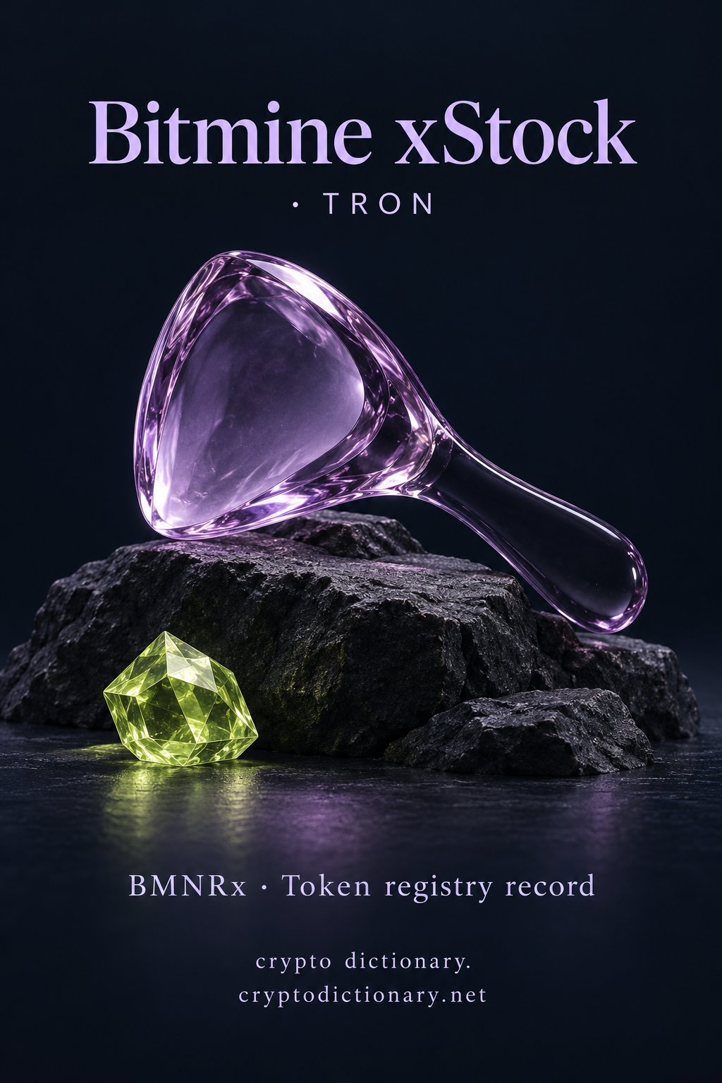 Bitmine xStock on TRON: a lilac glass scoop-shaped tool on a dark stone mound beside a lime crystal, with BMNRx token registry caption.