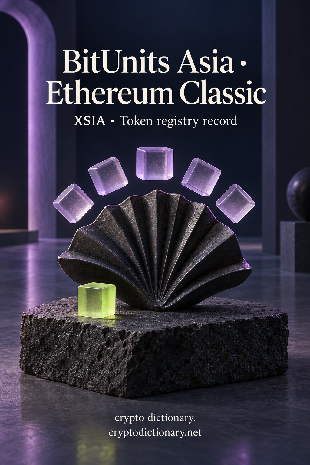 Small lilac glass cubes above a folded dark ceramic fan for BitUnits Asia on Ethereum Classic.