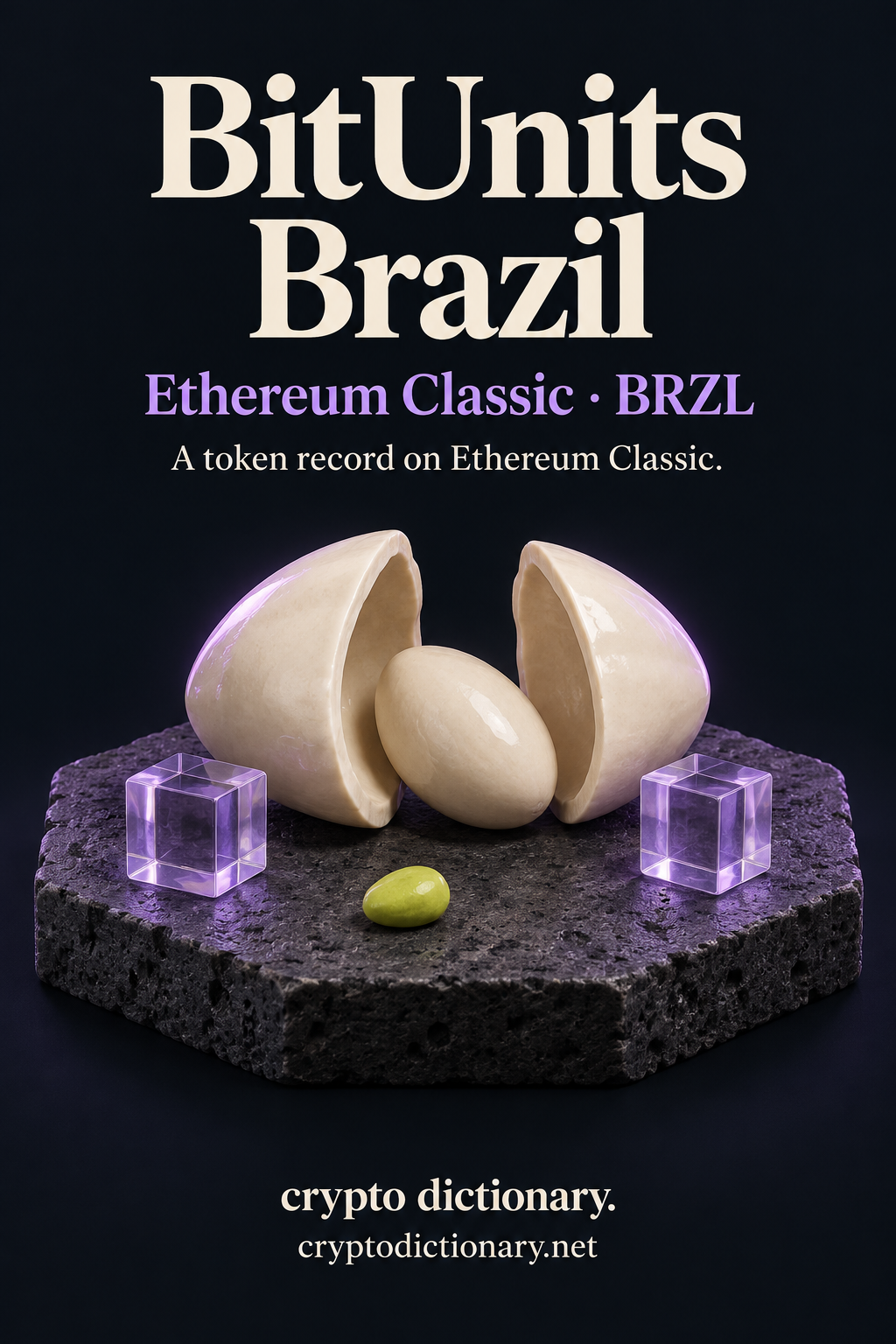 BitUnits Brazil token record on Ethereum Classic, illustrated by an ivory ceramic split nut specimen and two lilac glass unit cubes.