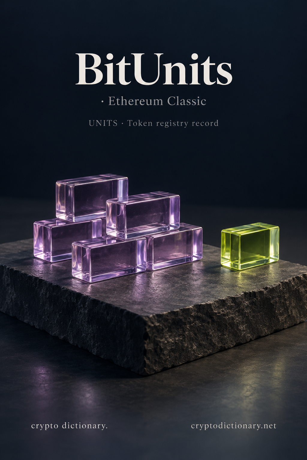 BitUnits on Ethereum Classic: five blank lilac glass blocks with a separate lime block on a charcoal slab, with UNITS token registry caption.