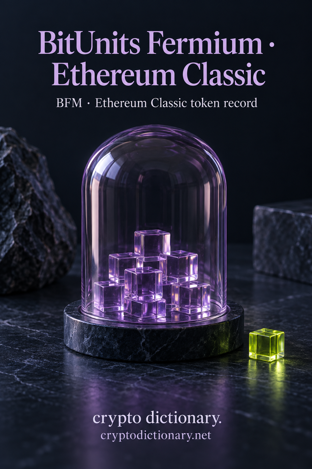 Lilac glass cubes under a blank bell jar illustrate BitUnits Fermium, a BFM token record on Ethereum Classic.