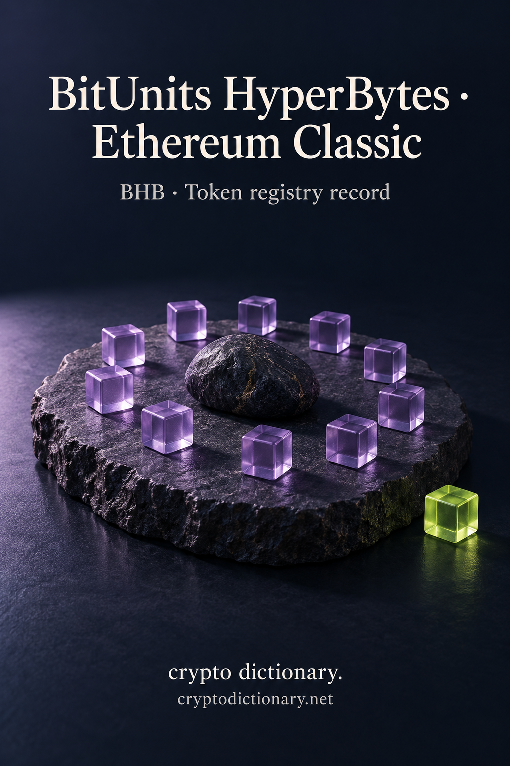 BitUnits HyperBytes on Ethereum Classic illustrated by original equal-height lilac glass unit cubes around rough dark stone, with neutral BHB registry caption.