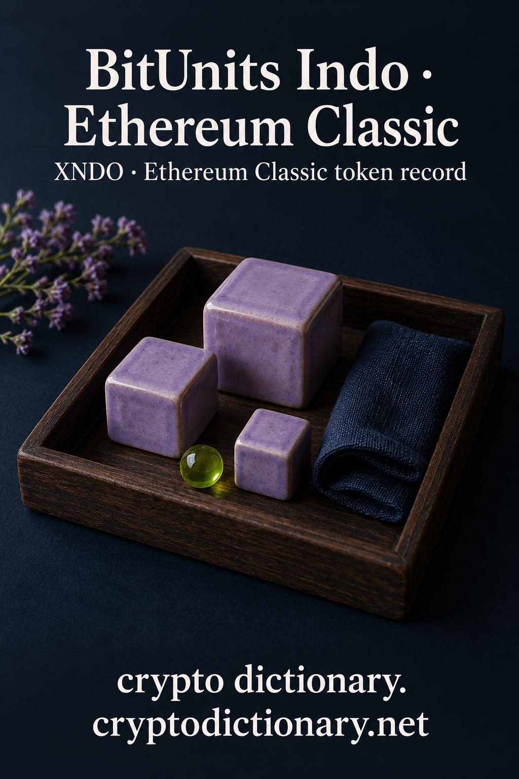 Lilac ceramic cuboid units in wooden tray for BitUnits Indo on Ethereum Classic with XNDO registry caption.