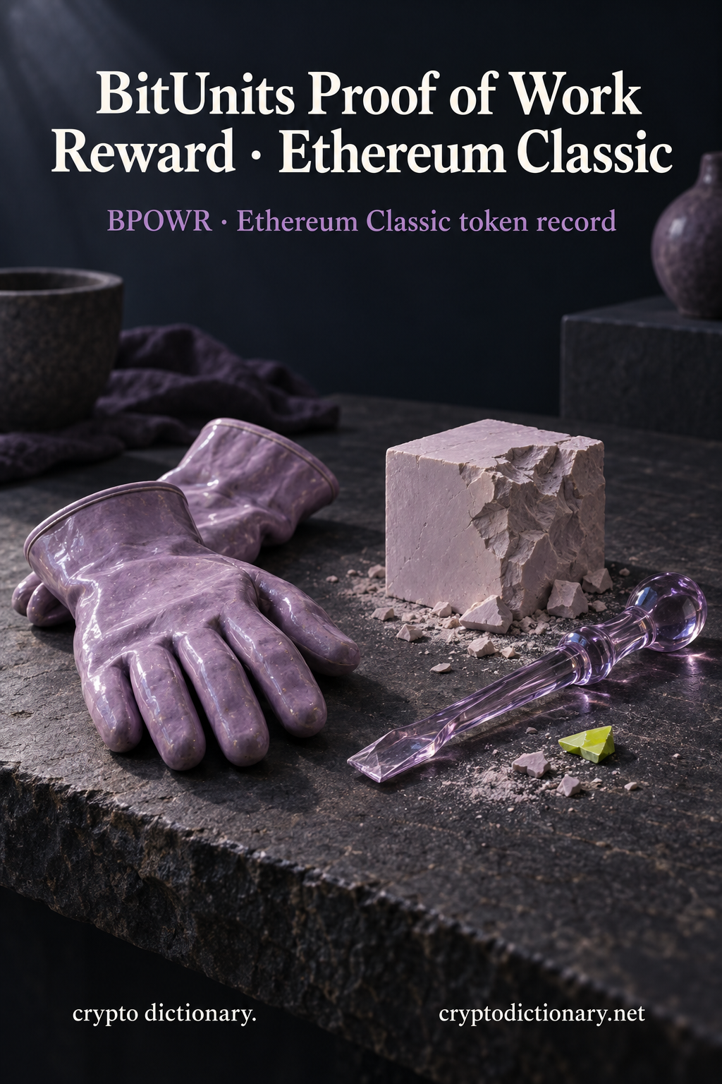 Lilac ceramic work gloves lie beside a partially carved ceramic cube and plain glass craft tool with lime shard on navy stone, below BitUnits Proof of Work Reward · Ethereum Classic and BPOWR token-record caption.