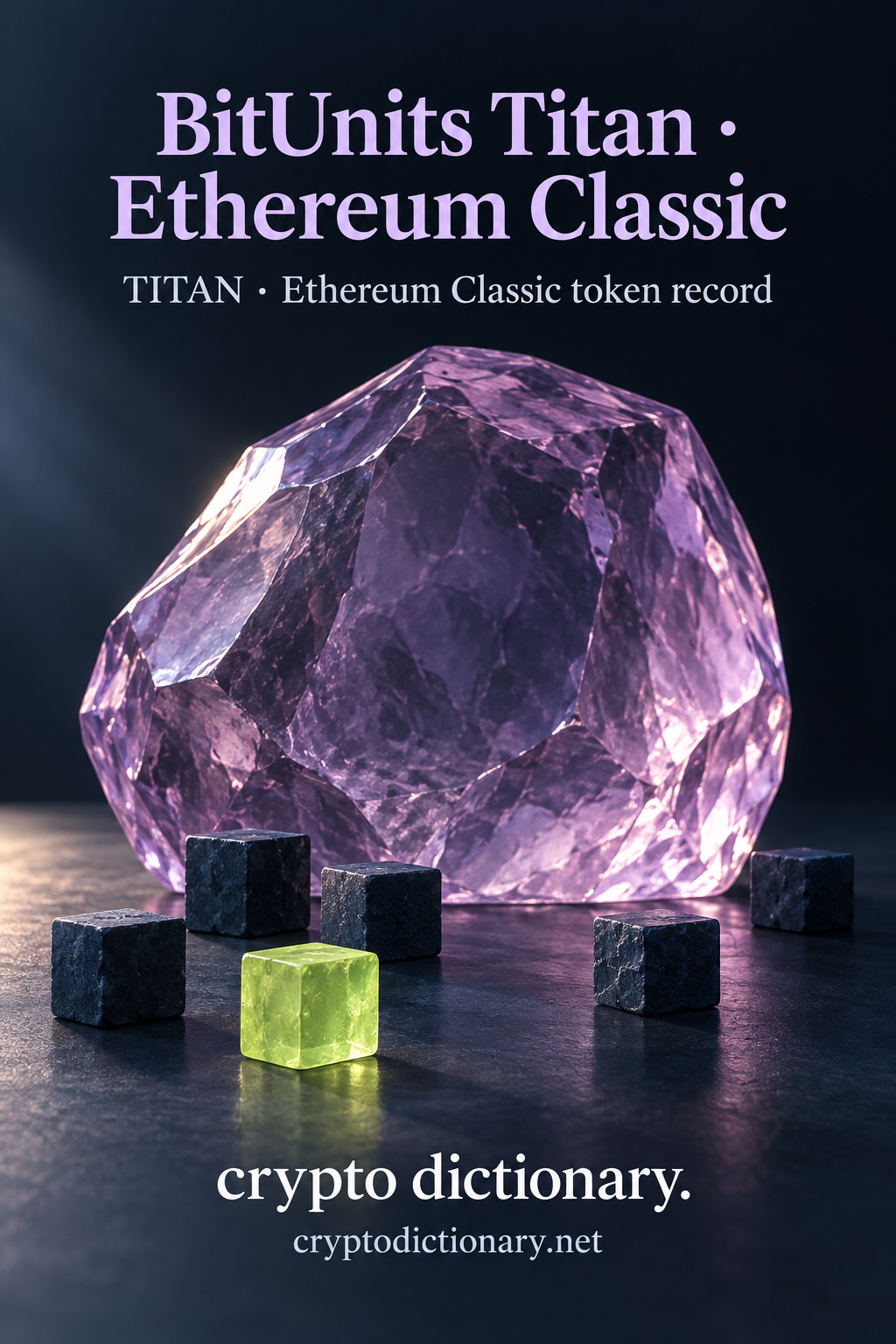 Oversized lilac glass boulder with several little navy stone cubes and a lime cube.