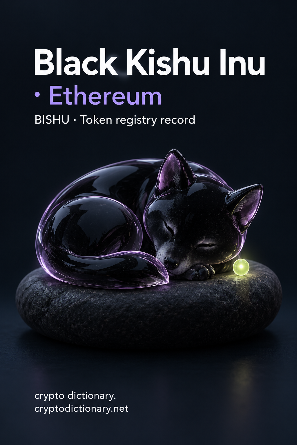 Black Kishu Inu · Ethereum token registry artwork with an original curled dark glass animal, lilac rims, lime bead and exact BISHU caption.