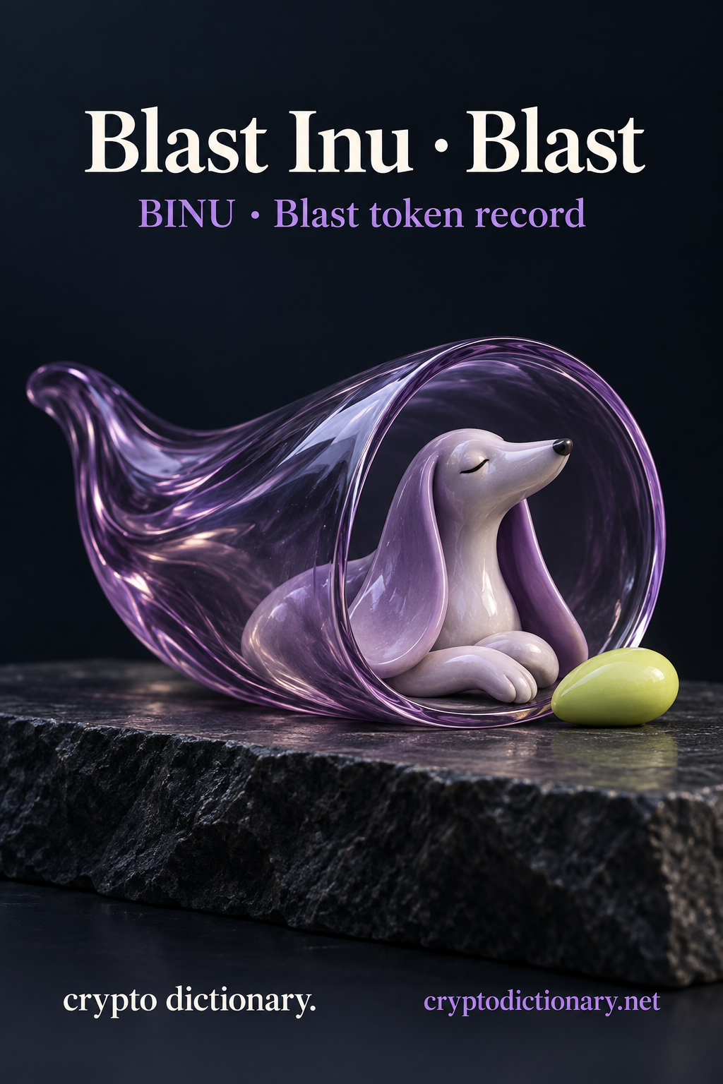 Original long-eared ceramic dog resting in a lilac glass windsock beneath Blast Inu · Blast.