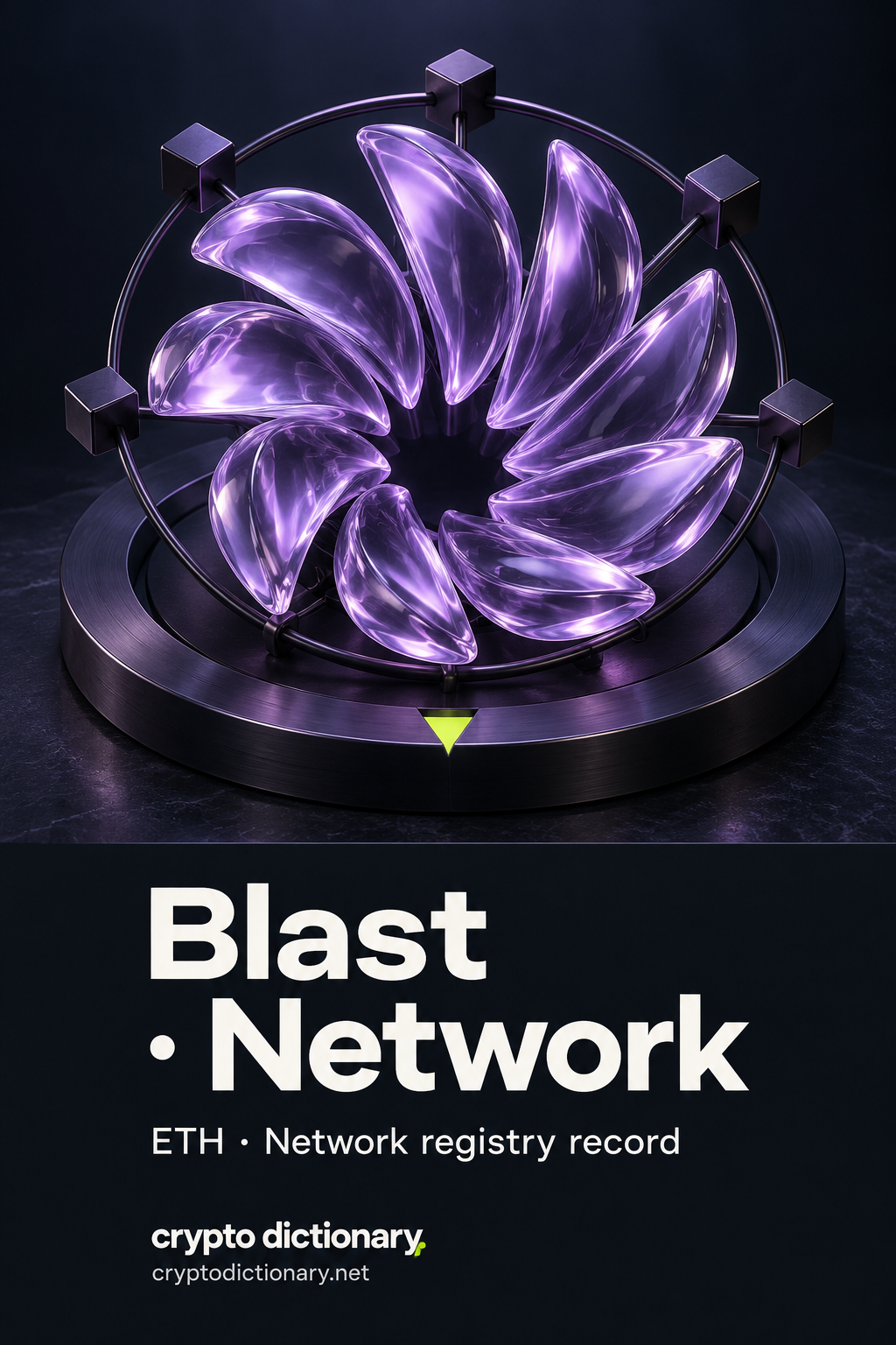 A static radial lilac-glass wave specimen sits within a passive square-node network ring on an archival base with a lime index notch.