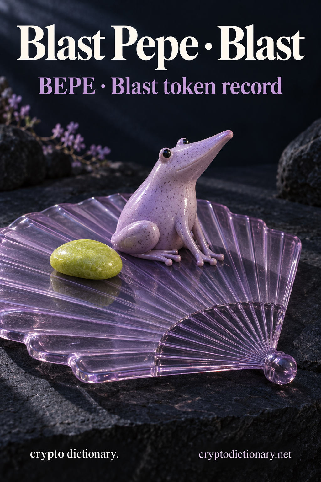 An original long-snouted lilac ceramic frog rests on a blank glass hand fan beside a lime pebble, beneath Blast Pepe · Blast and BEPE caption.