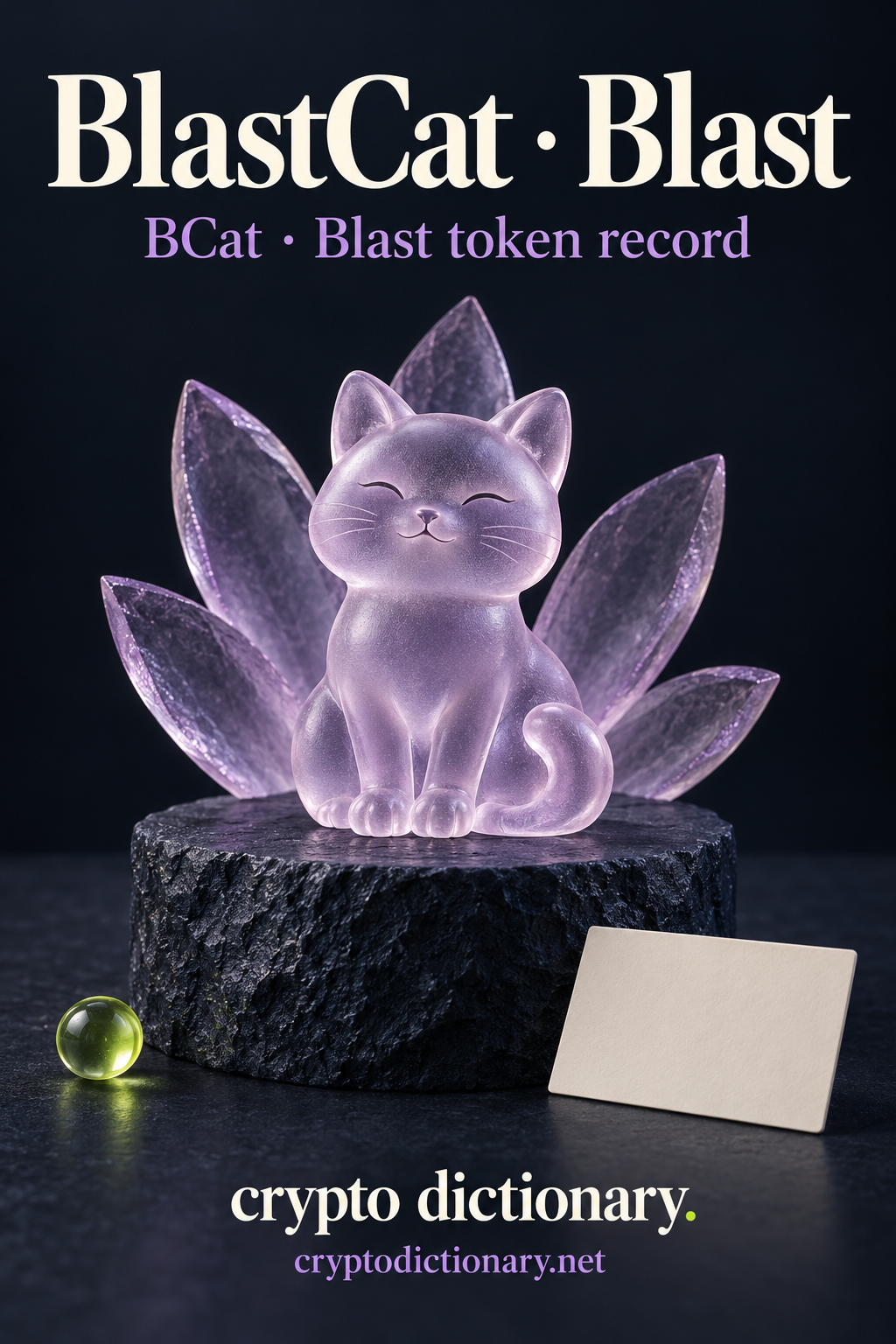 BlastCat · Blast above a peaceful lilac glass cat with curled tail before radiating glass petals on navy stone, blank card and lime bead; BCat · Blast token record and Crypto Dictionary footer.