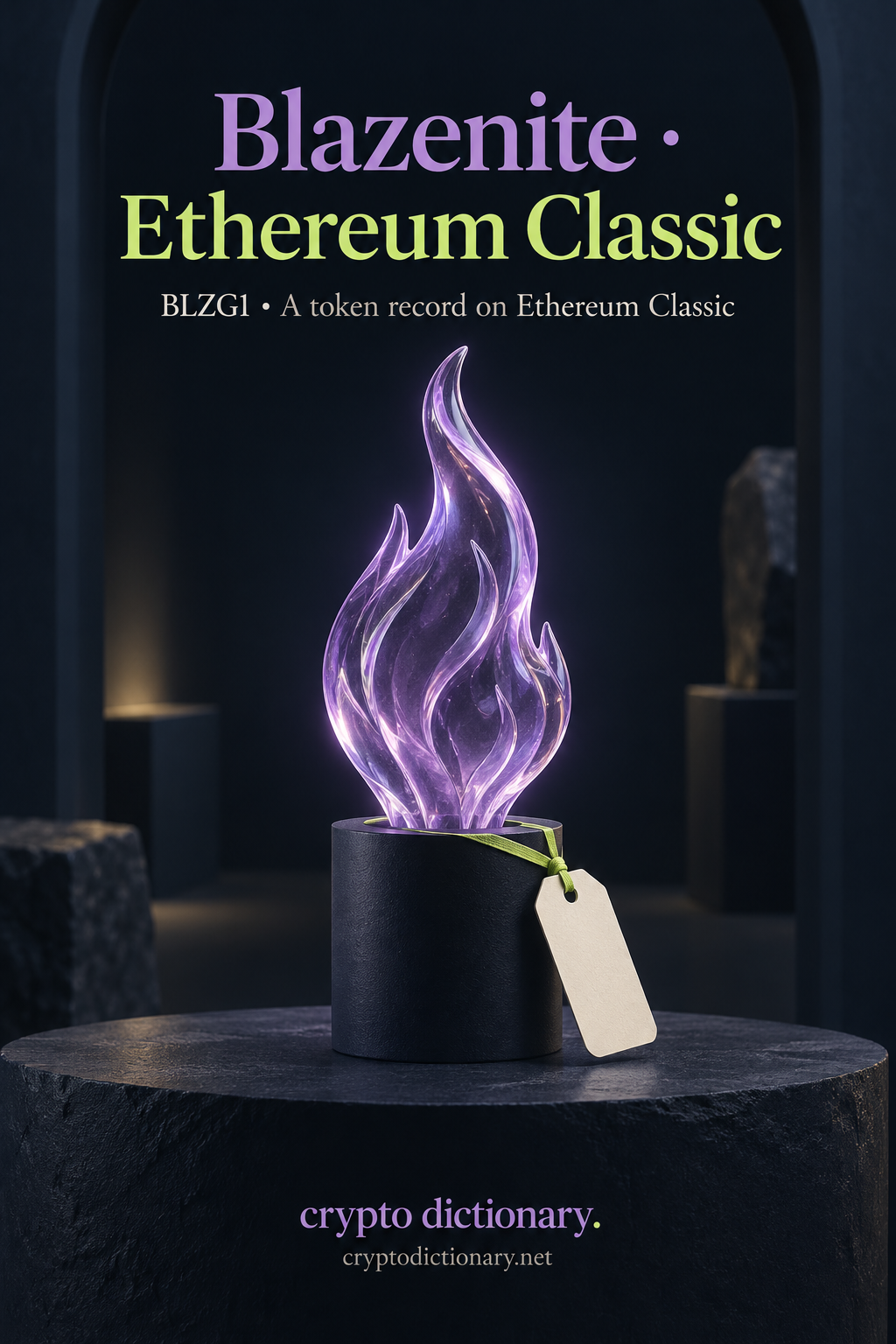 A lilac glass flame specimen stands in a plain navy holder beside a blank identity tag.