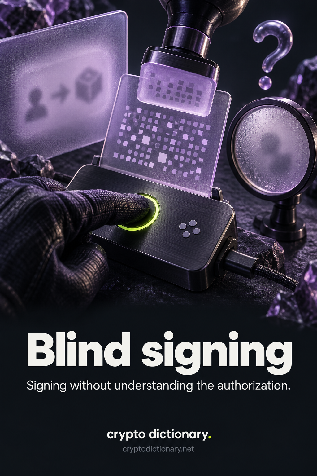 A hand authorizes dense unreadable request tiles on a hardware signer while frosted context and a misted lens obscure what the signature permits.
