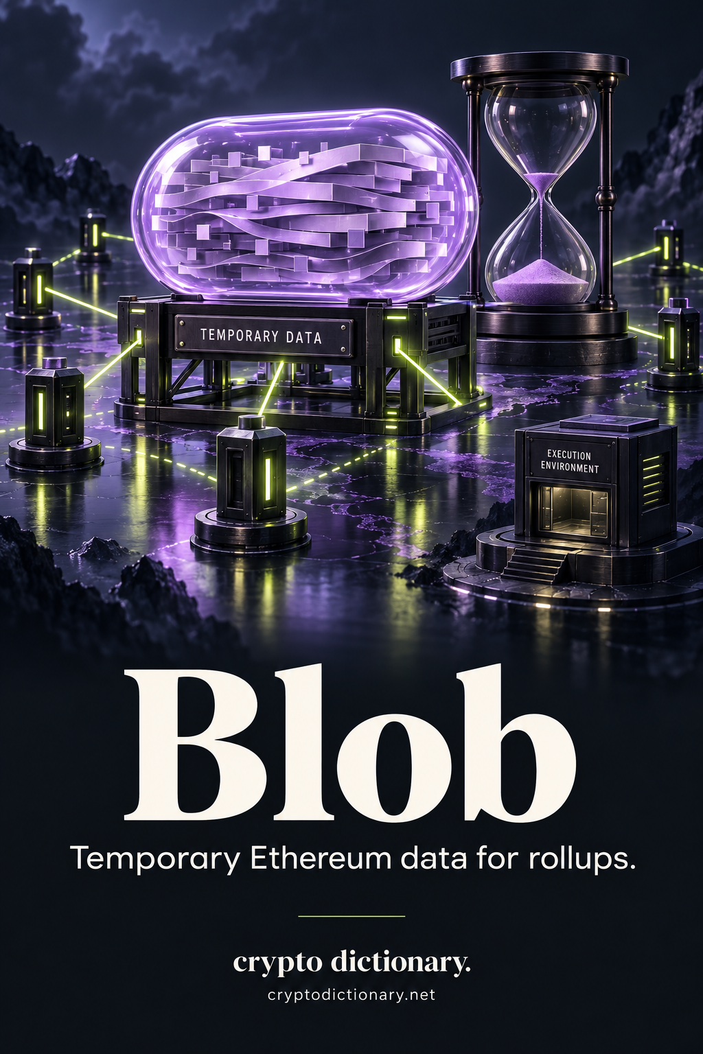 A lilac compressed-data capsule sits on a TEMPORARY DATA network rack beside an hourglass, separated from an execution chamber.
