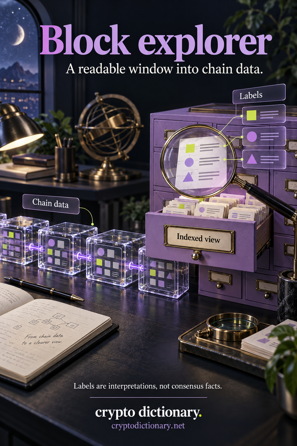 Block explorer: transparent linked chain-data cubes beside an indexed lilac archive drawer, with a magnifying lens and separate interpretation labels.