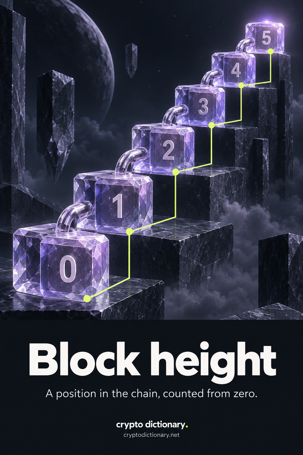 Block height: six linked lilac glass blocks form a staircase numbered consecutively from 0 through 5.
