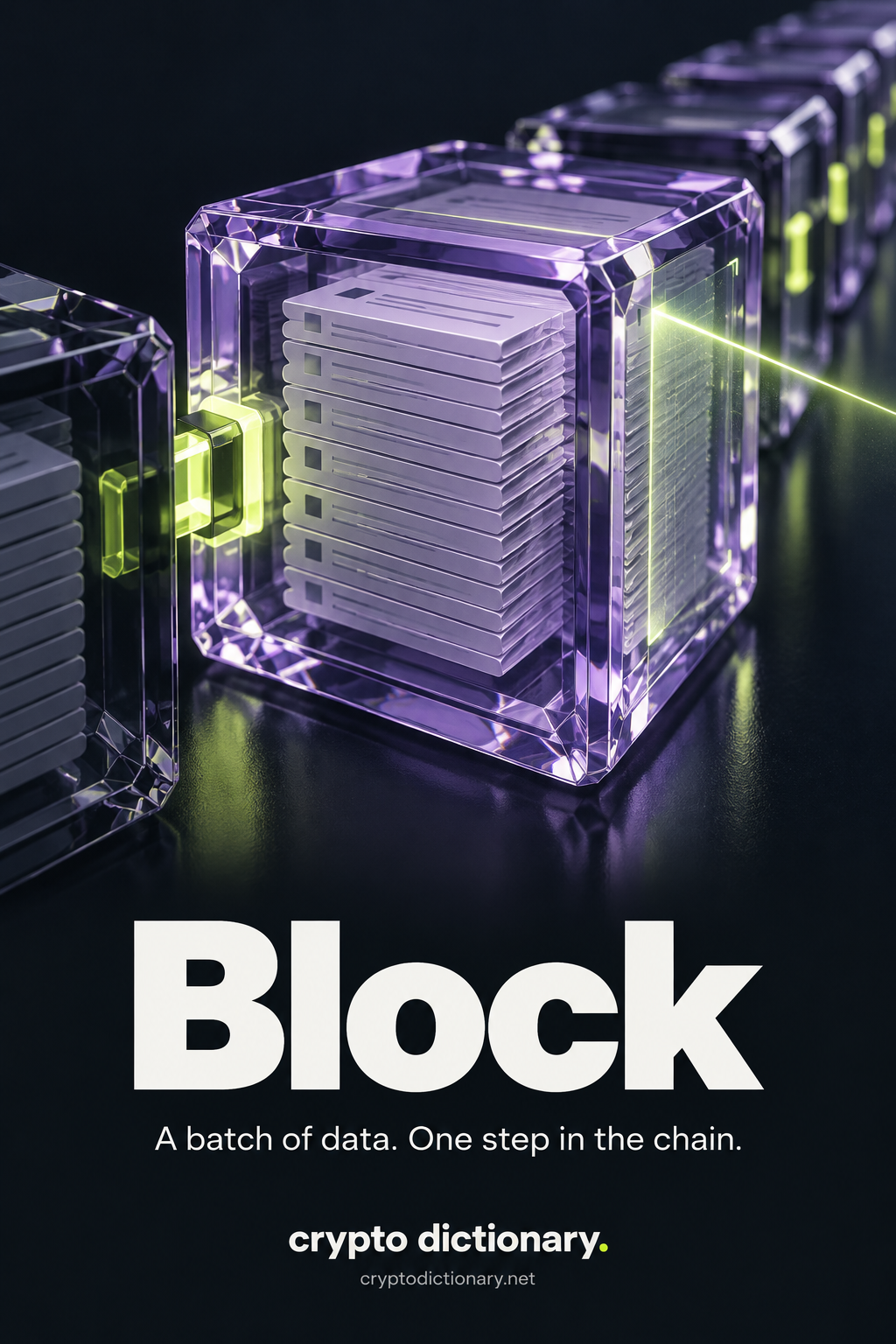 Block: a large lilac glass cube contains a stack of transaction cards and connects to adjacent blocks through lime joints.