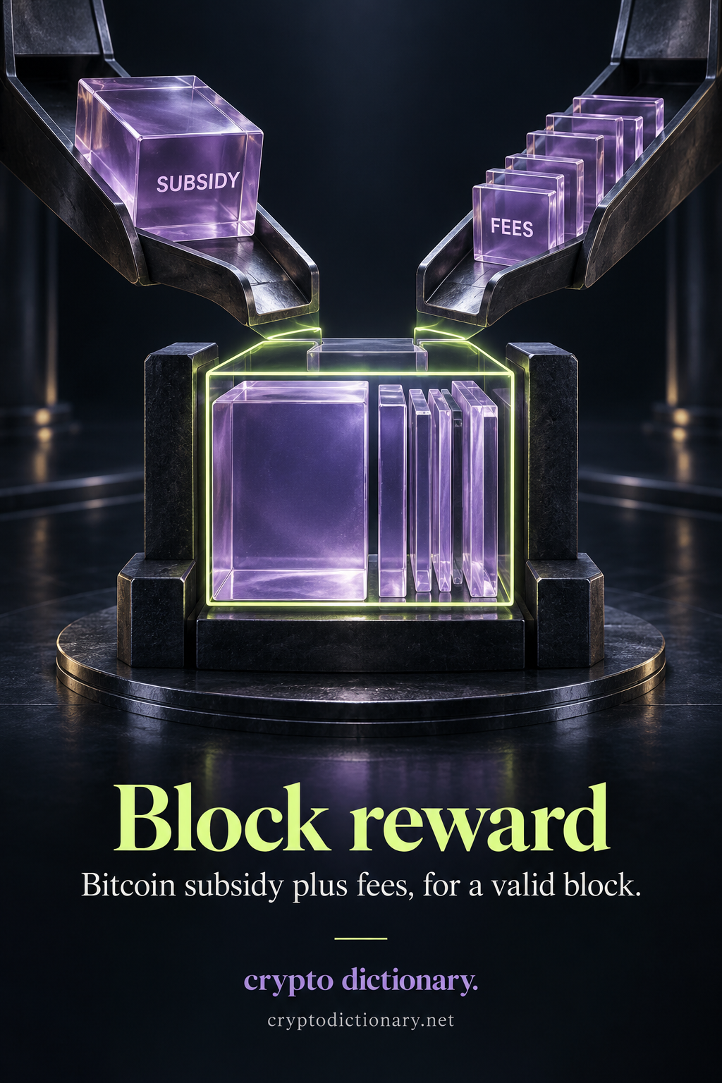 SUBSIDY and several unequal FEES pieces enter separate channels and combine into a lime-edged block-shaped reward assembly.