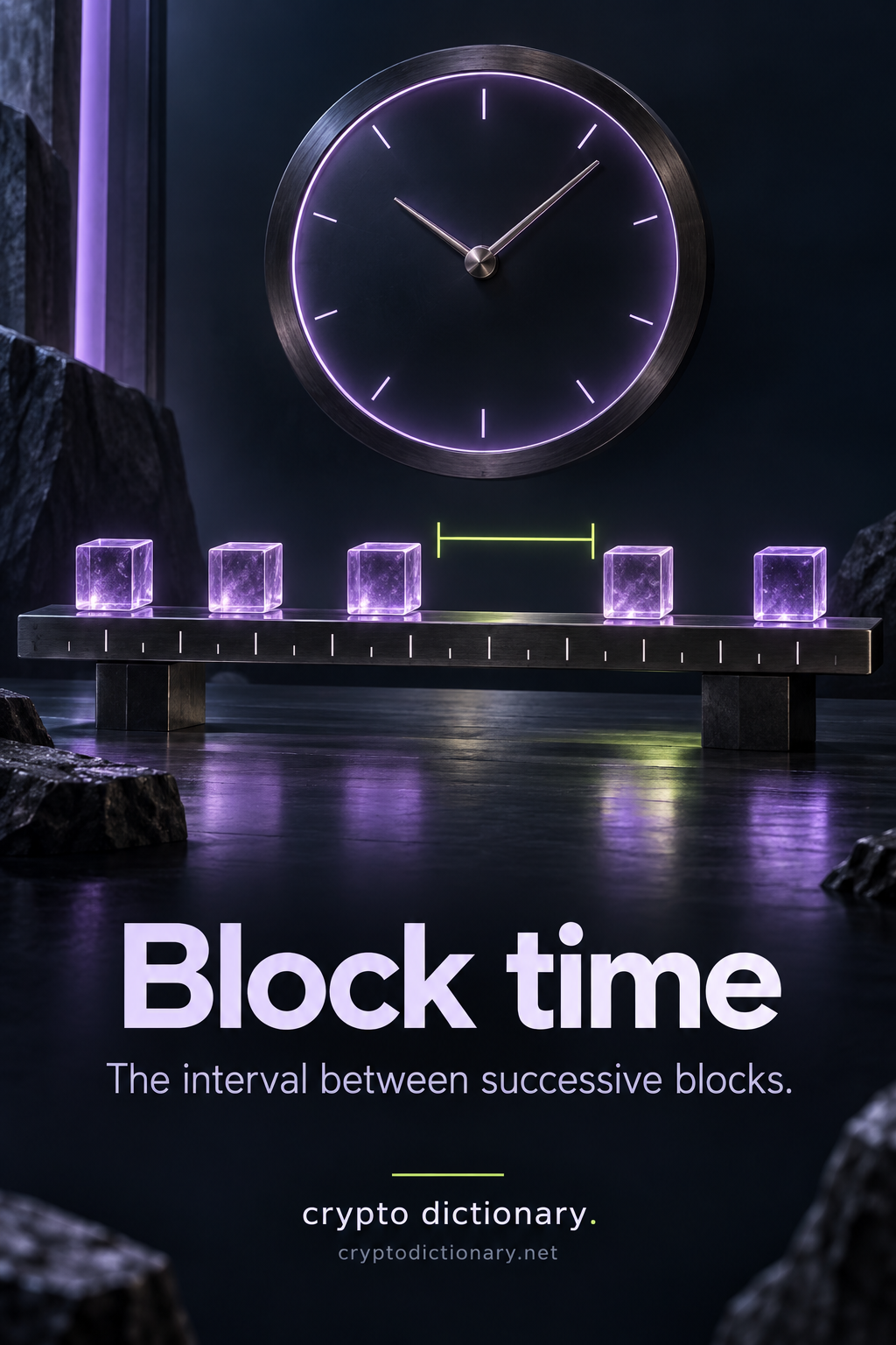 Five lilac blocks sit at unequal distances along a timing rail, with one lime gap bracket and a numberless clock above.