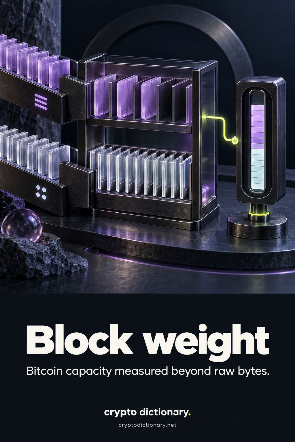 Different transaction-component plates consume unequal accounting slots in a block-capacity rack, with a derived virtual-size gauge.