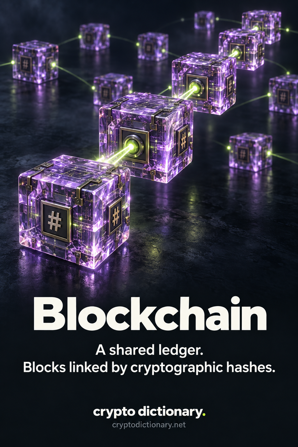 Lilac crystalline ledger blocks linked by lime light, with the title Blockchain and the definition A shared ledger. Blocks linked by cryptographic hashes.