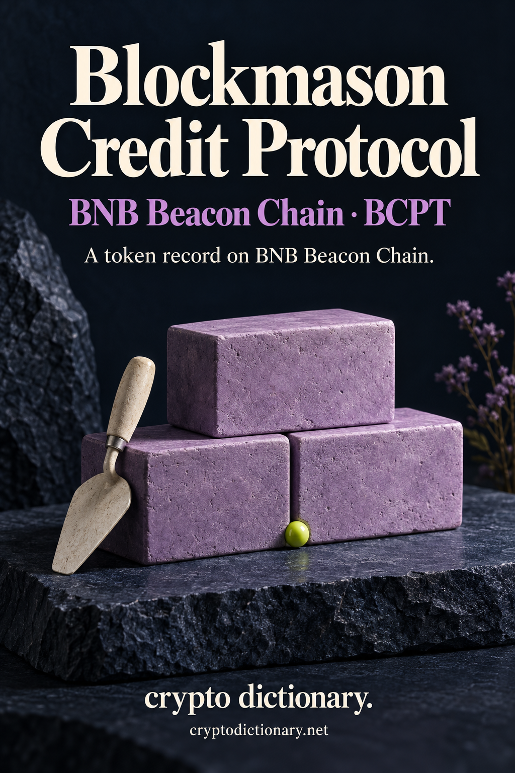 Blockmason Credit Protocol, BNB Beacon Chain · BCPT, above three lilac masonry blocks and a plain ivory trowel on a navy stone slab, with a lime bead and Crypto Dictionary footer.