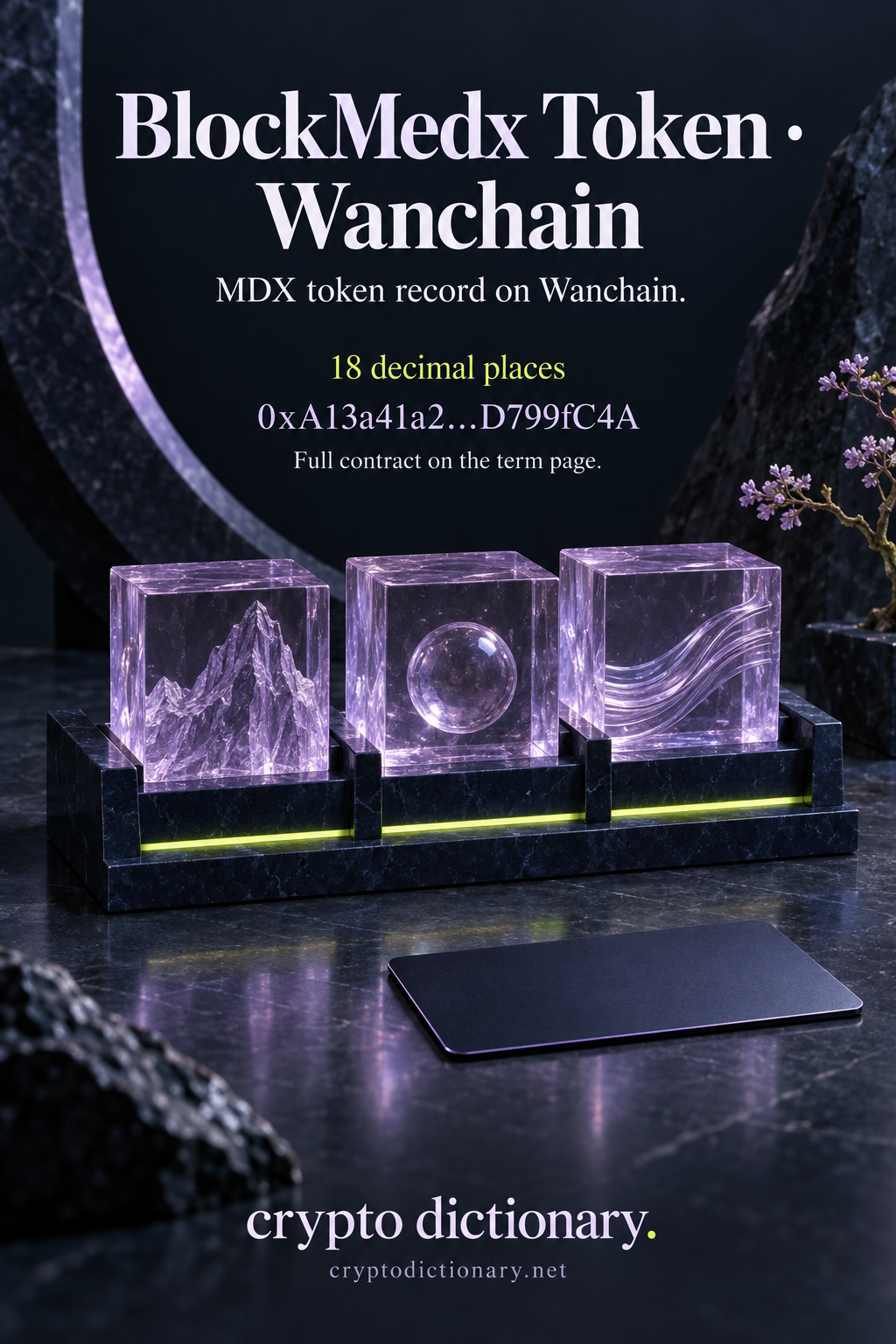 BlockMedx Token record on Wanchain illustrated by three lilac specimen blocks in a navy tray.