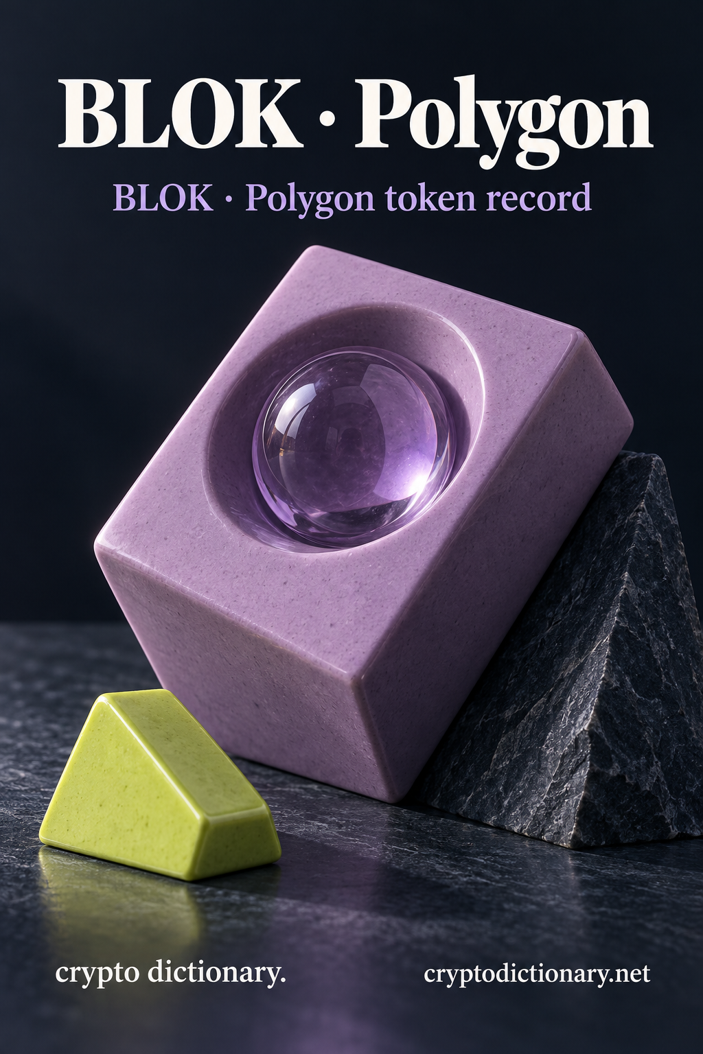 An original lilac ceramic block with glass marble in its circular recess rests tilted against a dark stone wedge beside a lime prism, with BLOK · Polygon title and token-record caption.