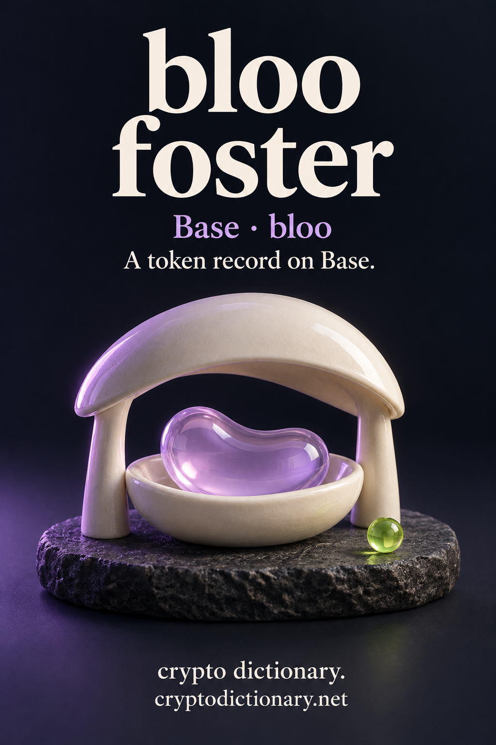 bloo foster token record on Base, illustrated by a lilac glass bean specimen in an ivory bowl beneath a rounded ceramic canopy.