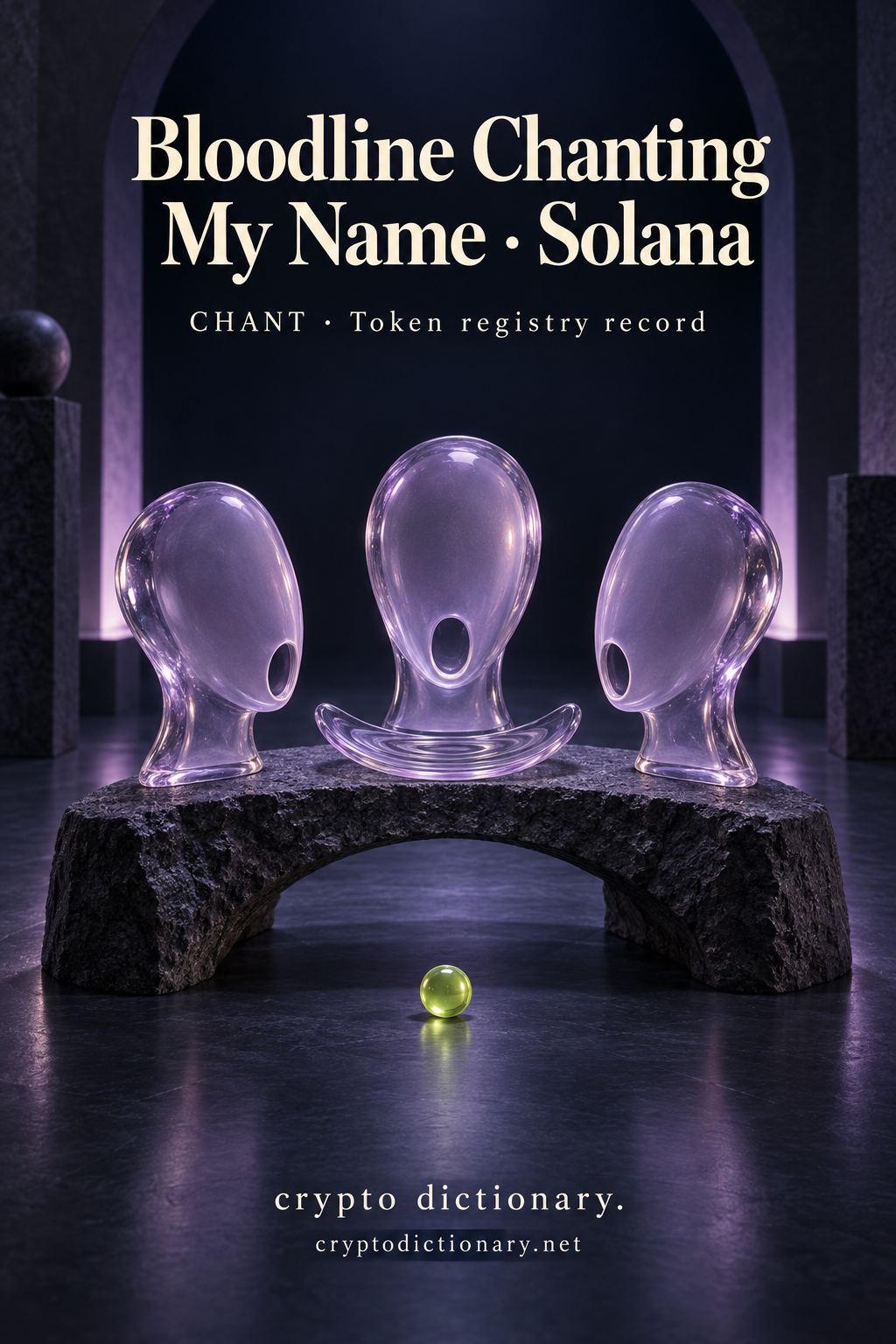 Bloodline Chanting My Name on Solana illustrated by an original abstract lilac glass chorus sculpture on dark stone, with neutral CHANT registry caption.