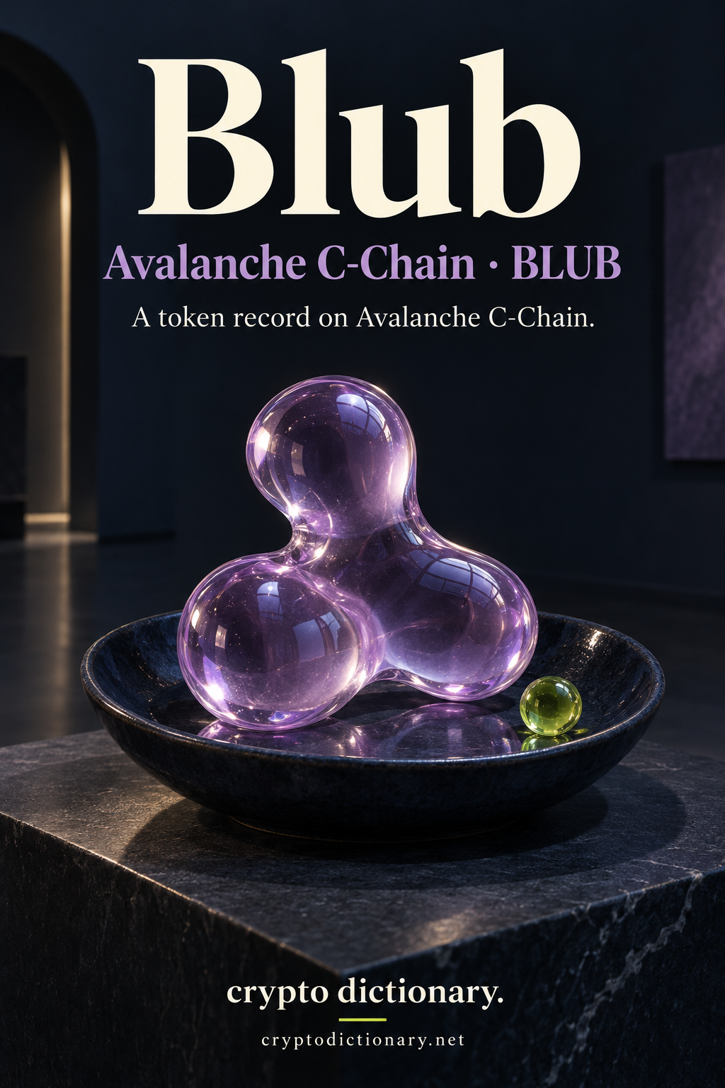 Blub, Avalanche C-Chain · BLUB, above a three-lobed lilac glass droplet in a navy dish beside a small lime glass bubble, with Crypto Dictionary footer.