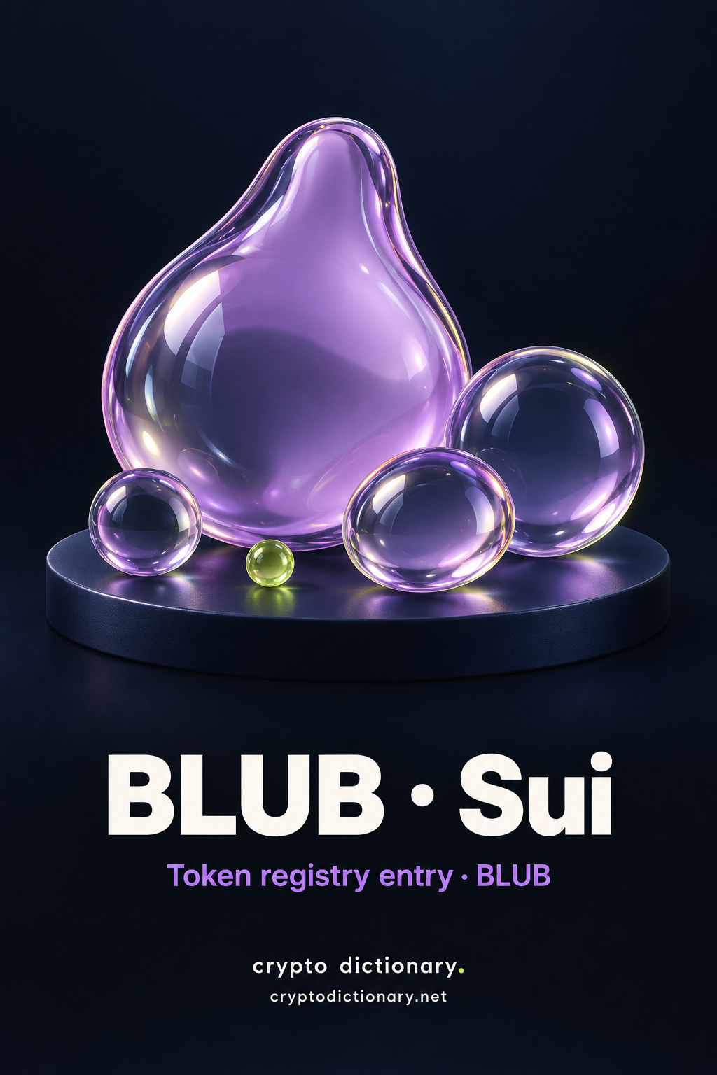 BLUB on Sui registry poster with a plain lilac glass droplet, three glass bubbles and exact BLUB caption.