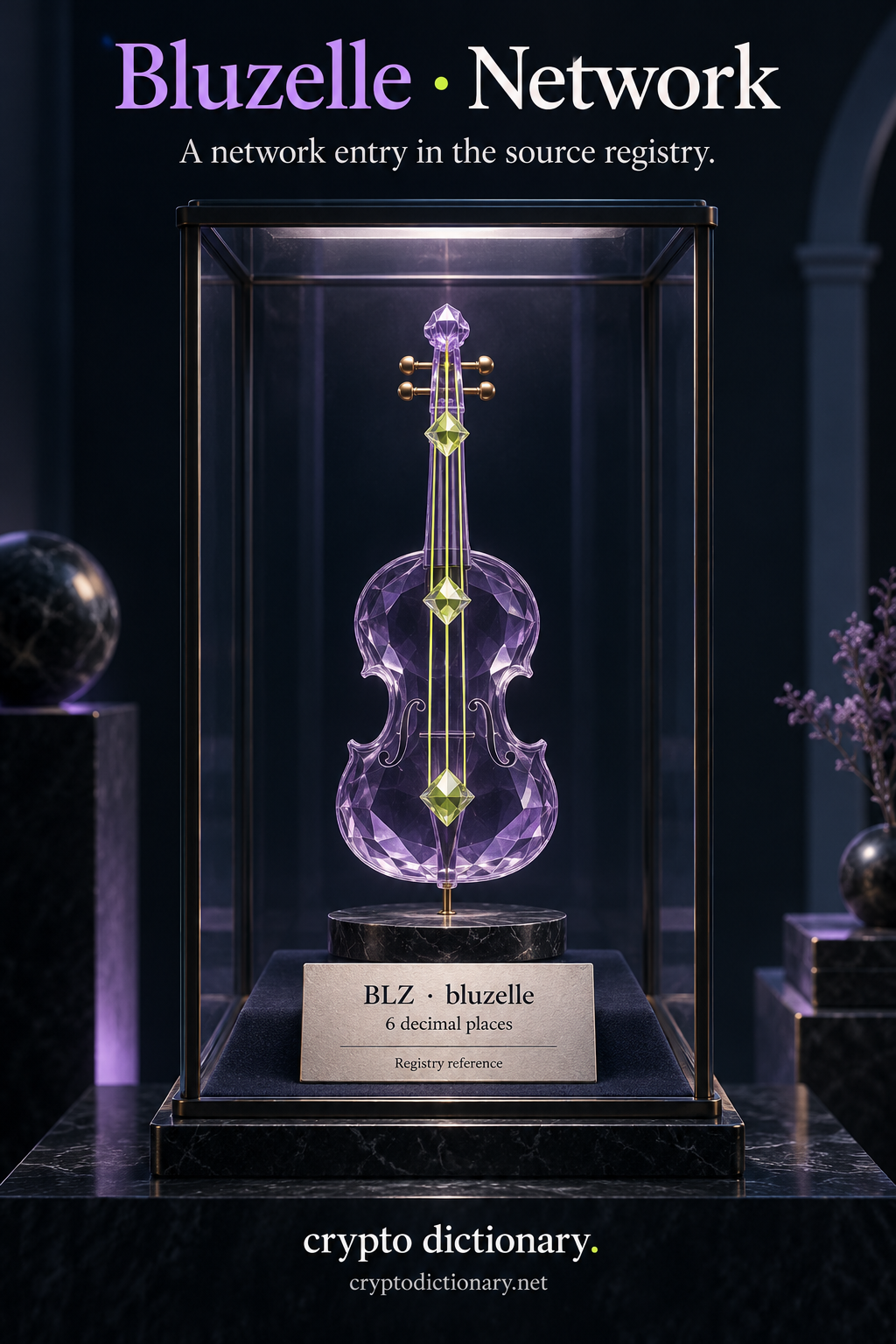 Bluzelle network registry: a lilac crystal resonator with faceted connected beads rests in a vitrine above the exact BLZ, bluzelle and six-decimal-place identity.