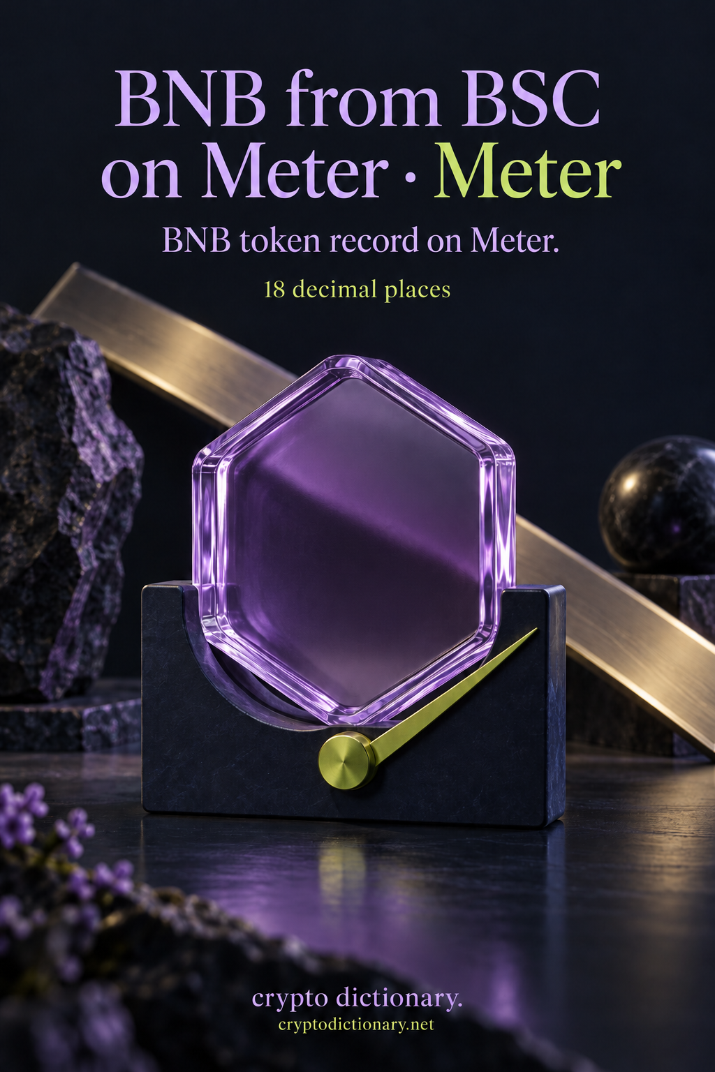 BNB from BSC on Meter registry art with a plain lilac hexagon in an unnumbered measuring cradle.